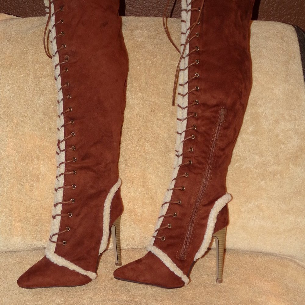 Brown Thigh-high 3" Heel Boots